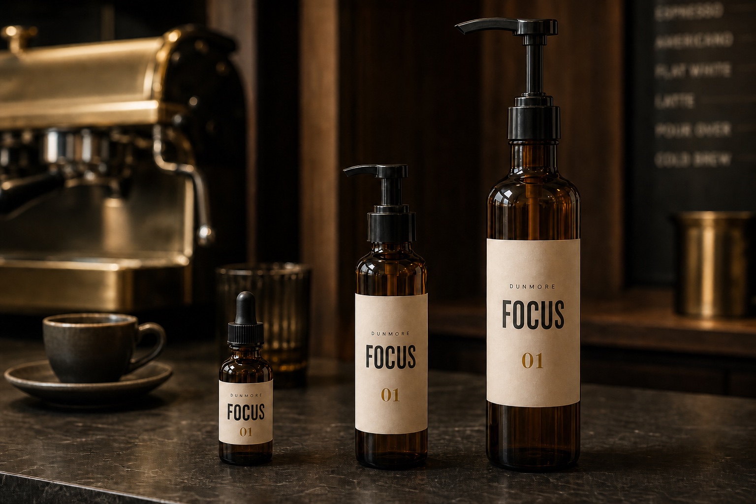 DUNMORE Focus 01 Pocket Dose, home syrup pump, and café syrup pump on a specialty coffee bar